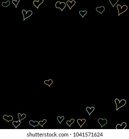 Background with hand drawn hearts. Cute simple pattern with falling hearts for Valentine cards, posters, banners. Vector holiday background. Romantic love motif. Falling confetti.