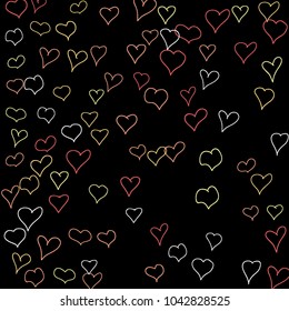 Background with hand drawn hearts. Cute simple pattern with falling hearts for Valentine cards, posters, banners. Vector holiday background. Romantic love motif. Falling confetti.