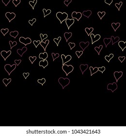 Background with hand drawn hearts. Cute simple pattern with falling hearts for cards, posters, banners, Valentine decoration. Vector holiday background. Romantic love motif. Falling confetti.