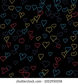 Background with hand drawn hearts. Cute simple pattern with falling hearts for Valentine decoration, cards, banners, posters. Vector holiday background. Romantic love motif. Falling confetti.