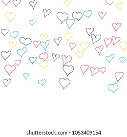 Background with hand drawn hearts. Cute simple pattern with falling hearts for cards, posters, banners, Valentine decoration. Vector holiday background. Romantic love motif. Falling confetti.