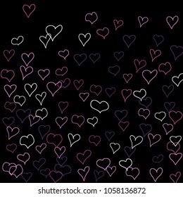 Background with hand drawn hearts. Cute simple pattern with falling hearts for Valentine cards, posters, banners. Vector holiday background. Romantic love motif. Falling confetti.