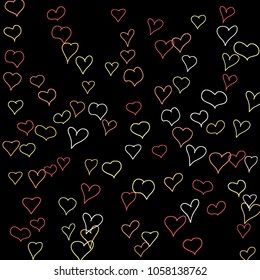 Background with hand drawn hearts. Cute simple pattern with falling hearts for cards, posters, banners, Valentine decoration. Vector holiday background. Romantic love motif. Falling confetti.