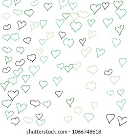 Background with hand drawn hearts. Cute simple pattern with falling hearts for Valentine cards, posters, banners. Vector holiday background. Romantic love motif. Falling confetti.
