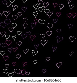 Background with hand drawn hearts. Cute simple pattern with falling hearts for Valentine cards, posters, banners. Vector holiday background. Romantic love motif. Falling confetti.