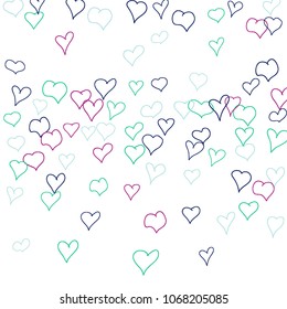 Background with hand drawn hearts. Cute simple pattern with falling hearts for Valentine decoration, cards, banners, posters. Vector holiday background. Romantic love motif. Falling confetti.
