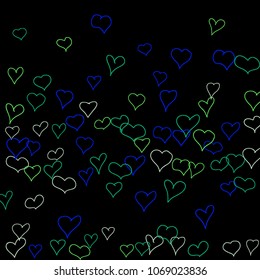 Background with hand drawn hearts. Cute simple pattern with falling hearts for Valentine decoration, cards, banners, posters. Vector holiday background. Romantic love motif. Falling confetti.