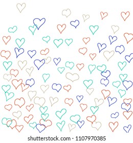 Background with hand drawn hearts. Cute simple pattern with falling hearts for cards, posters, banners, Valentine decoration. Vector holiday background. Romantic love motif. Falling confetti.