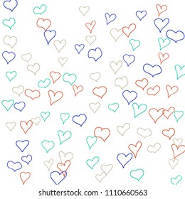 Background with hand drawn hearts. Cute simple pattern with falling hearts for cards, posters, banners, Valentine decoration. Vector holiday background. Romantic love motif. Falling confetti.
