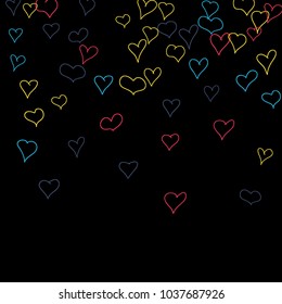 Background with hand drawn hearts. Lovely simple pattern with falling hearts for cards, posters, banners, Valentine decoration. Vector holiday background. Romantic love motif. Falling confetti.