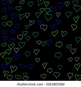 Background with hand drawn hearts. Lovely simple pattern with falling hearts for Valentine decoration, cards, banners, posters. Vector holiday background. Romantic love motif. Falling confetti.