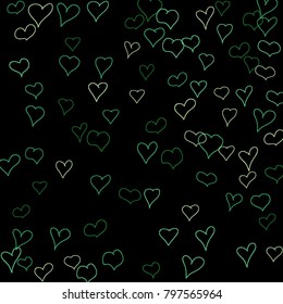 Background with hand drawn hearts. Lovely simple pattern with falling hearts for Valentine decoration, cards, banners, posters. Vector holiday background. Romantic love motif. Falling confetti.