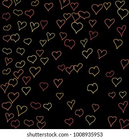 Background with hand drawn hearts. Pretty simple pattern with falling hearts for Valentine decoration, cards, banners, posters. Vector holiday background. Romantic love motif. Falling confetti.