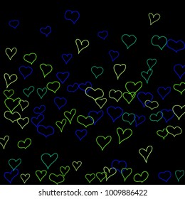 Background with hand drawn hearts. Pretty simple pattern with falling hearts for Valentine cards, posters, banners. Vector holiday background. Romantic love motif. Falling confetti.