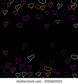 Background with hand drawn hearts. Pretty simple pattern with falling hearts for Valentine cards, posters, banners. Vector holiday background. Romantic love motif. Falling confetti.