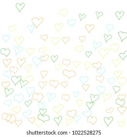 Background with hand drawn hearts. Pretty simple pattern with falling hearts for cards, posters, banners, Valentine decoration. Vector holiday background. Romantic love motif. Falling confetti.