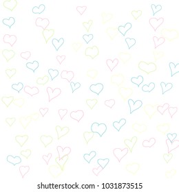 Background with hand drawn hearts. Pretty simple pattern with falling hearts for Valentine decoration, cards, banners, posters. Vector holiday background. Romantic love motif. Falling confetti.