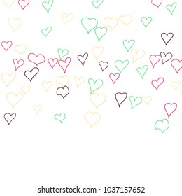 Background with hand drawn hearts. Pretty simple pattern with falling hearts for Valentine decoration, cards, banners, posters. Vector holiday background. Romantic love motif. Falling confetti.