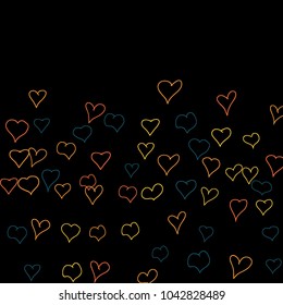 Background with hand drawn hearts. Pretty simple pattern with falling hearts for cards, posters, banners, Valentine decoration. Vector holiday background. Romantic love motif. Falling confetti.
