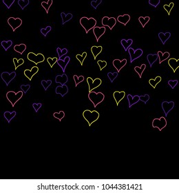 Background with hand drawn hearts. Pretty simple pattern with falling hearts for Valentine cards, posters, banners. Vector holiday background. Romantic love motif. Falling confetti.