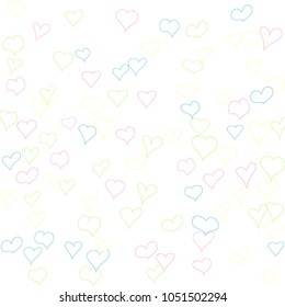 Background with hand drawn hearts. Pretty simple pattern with falling hearts for Valentine cards, posters, banners. Vector holiday background. Romantic love motif. Falling confetti.