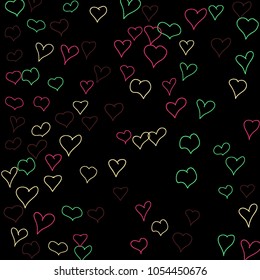 Background with hand drawn hearts. Pretty simple pattern with falling hearts for Valentine decoration, cards, banners, posters. Vector holiday background. Romantic love motif. Falling confetti.