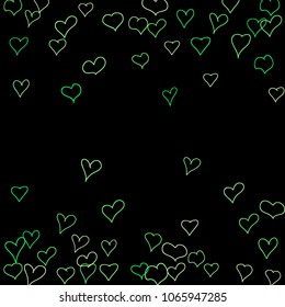Background with hand drawn hearts. Pretty simple pattern with falling hearts for cards, posters, banners, Valentine decoration. Vector holiday background. Romantic love motif. Falling confetti.