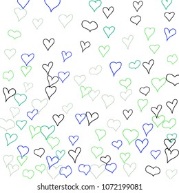 Background with hand drawn hearts. Pretty simple pattern with falling hearts for Valentine cards, posters, banners. Vector holiday background. Romantic love motif. Falling confetti.