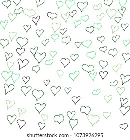 Background with hand drawn hearts. Pretty simple pattern with falling hearts for Valentine decoration, cards, banners, posters. Vector holiday background. Romantic love motif. Falling confetti.