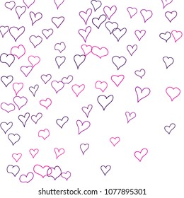 Background with hand drawn hearts. Pretty simple pattern with falling hearts for cards, posters, banners, Valentine decoration. Vector holiday background. Romantic love motif. Falling confetti.