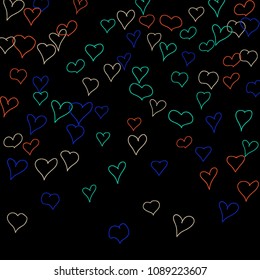 Background with hand drawn hearts. Pretty simple pattern with falling hearts for Valentine cards, posters, banners. Vector holiday background. Romantic love motif. Falling confetti.
