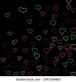 Background with hand drawn hearts. Pretty simple pattern with falling hearts for Valentine decoration, cards, banners, posters. Vector holiday background. Romantic love motif. Falling confetti.