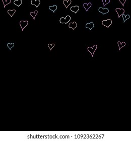 Background with hand drawn hearts. Pretty simple pattern with falling hearts for Valentine decoration, cards, banners, posters. Vector holiday background. Romantic love motif. Falling confetti.