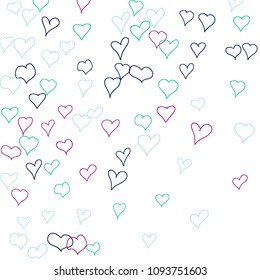 Background with hand drawn hearts. Pretty simple pattern with falling hearts for Valentine decoration, cards, banners, posters. Vector holiday background. Romantic love motif. Falling confetti.