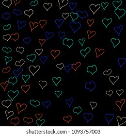 Background with hand drawn hearts. Pretty simple pattern with falling hearts for cards, posters, banners, Valentine decoration. Vector holiday background. Romantic love motif. Falling confetti.