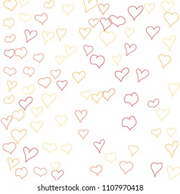 Background with hand drawn hearts. Pretty simple pattern with falling hearts for cards, posters, banners, Valentine decoration. Vector holiday background. Romantic love motif. Falling confetti.