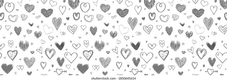 Background with hand drawn hearts. Seamless pattern. Black and white illustration