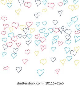 Background with hand drawn hearts. Trendy simple pattern with falling hearts for cards, posters, banners, Valentine decoration. Vector holiday background. Romantic love motif. Falling confetti.