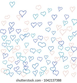 Background with hand drawn hearts. Trendy simple pattern with falling hearts for Valentine decoration, cards, banners, posters. Vector holiday background. Romantic love motif. Falling confetti.