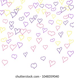 Background with hand drawn hearts. Trendy simple pattern with falling hearts for Valentine decoration, cards, banners, posters. Vector holiday background. Romantic love motif. Falling confetti.