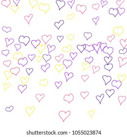 Background with hand drawn hearts. Trendy simple pattern with falling hearts for Valentine cards, posters, banners. Vector holiday background. Romantic love motif. Falling confetti.