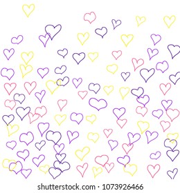 Background with hand drawn hearts. Trendy simple pattern with falling hearts for cards, posters, banners, Valentine decoration. Vector holiday background. Romantic love motif. Falling confetti.