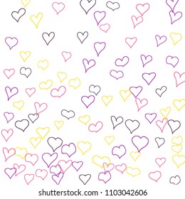 Background with hand drawn hearts. Trendy simple pattern with falling hearts for cards, posters, banners, Valentine decoration. Vector holiday background. Romantic love motif. Falling confetti.
