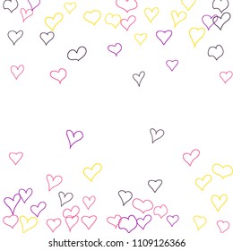 Background with hand drawn hearts. Trendy simple pattern with falling hearts for Valentine decoration, cards, banners, posters. Vector holiday background. Romantic love motif. Falling confetti.