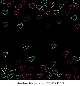 Background with hand drawn hearts. Trendy simple pattern with falling hearts for Valentine decoration, cards, banners, posters. Vector holiday background. Romantic love motif. Falling confetti.