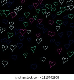Background with hand drawn hearts. Trendy simple pattern with falling hearts for cards, posters, banners, Valentine decoration. Vector holiday background. Romantic love motif. Falling confetti.