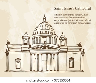 Background with hand drawn illustration of Saint Isaac's Cathedral in Saint Petersburg, Russia. Travel poster with place for text
