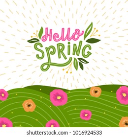 background with hand drawn lettering hello spring and flowers, and grace. Spring card with typography welcome spring and leaves.