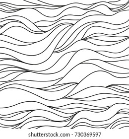 Background. Hand drawn lines. Hair texture. Monochrome wave pattern. Doodle for design. Line art. Illustration for coloring. Design for spiritual relaxation for adults. Black and white wallpaper