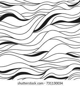 Background. Hand drawn lines. Hair texture. Monochrome wave pattern. Doodle for design. Line art. Design for spiritual relaxation for adults. Black and white wallpaper. Art creative. 
 Illustration